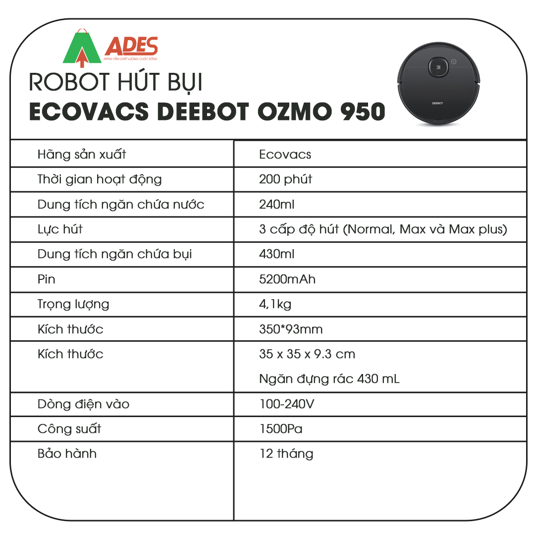 Ecovacs Deebot Ozmo 950 thong so