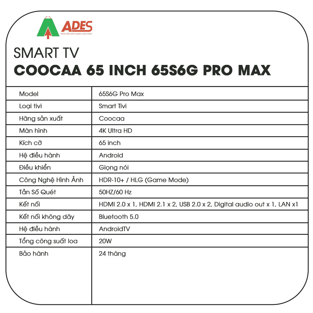 Smart Tivi Coocaa HD 55 inch Wifi 65S6G Pro Max