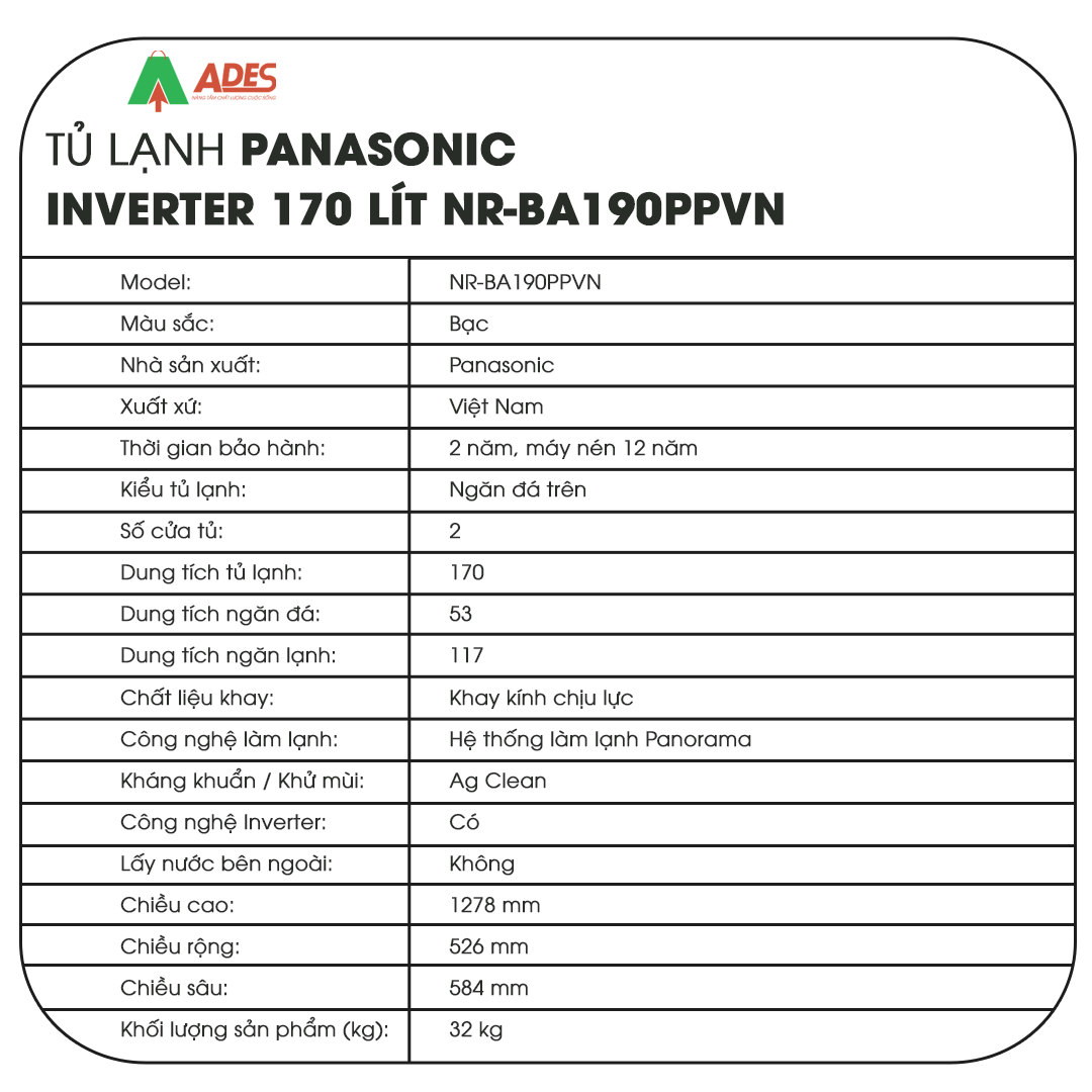 Tu lanh Panasonic Inverter 170 lit NR-BA190PPVN