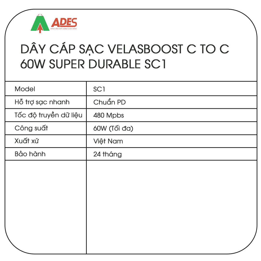 Day cap sac Velasboost C to C 60W Super Durable SC1