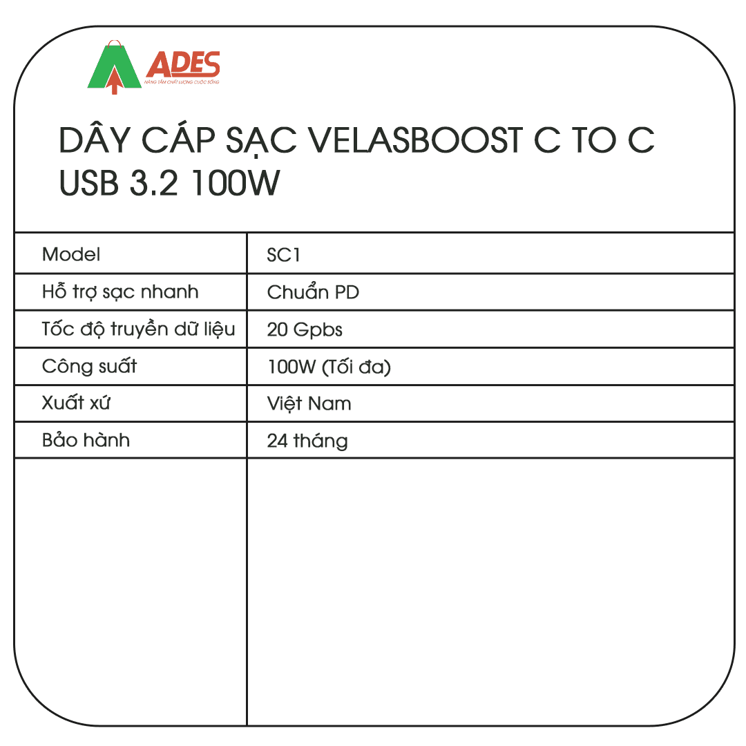 Day cap sac Velasboost C to C USB 3.2 100W 