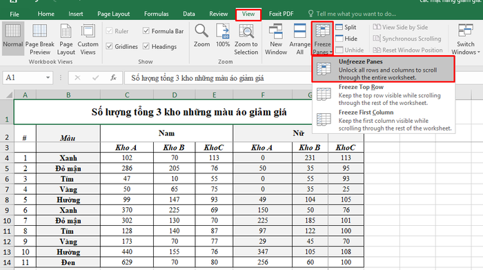Bỏ cố định dòng Excel