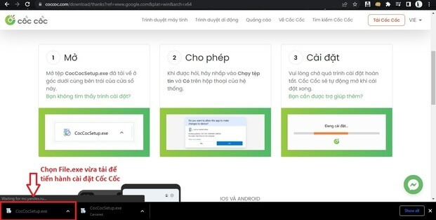 Chạy file.exe để tiến hành cài đặt Cốc Cốc