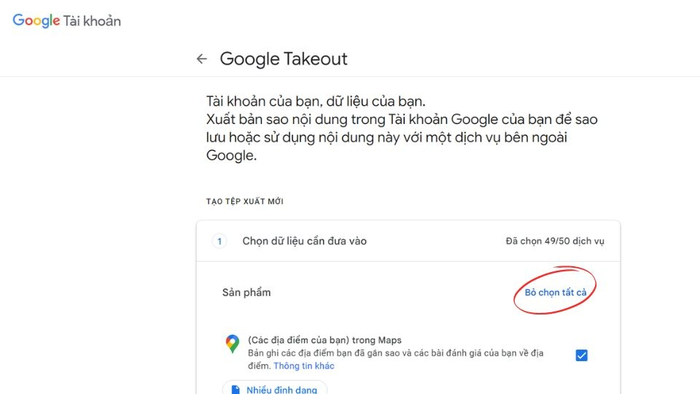 Chọn các dịch vụ Google cần sao lưu