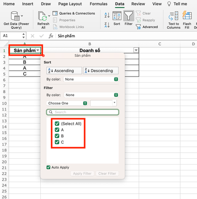 cách lọc dữ liệu trong excel