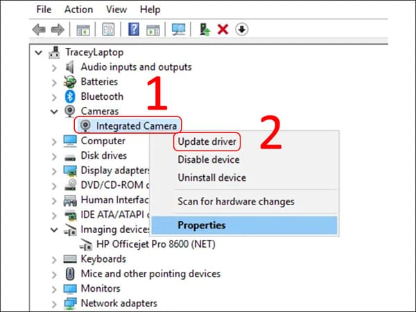 Chọn Cameras → Integrated Camera → Update driver
