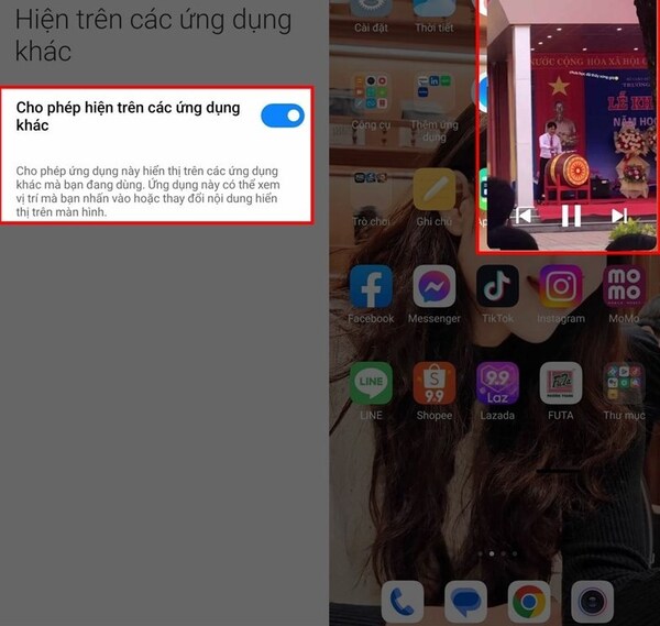 Chọn “Cho phép hiển thị trên ứng dụng khác”