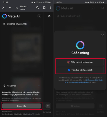 Chọn Đăng nhập để sử dụng Meta AI