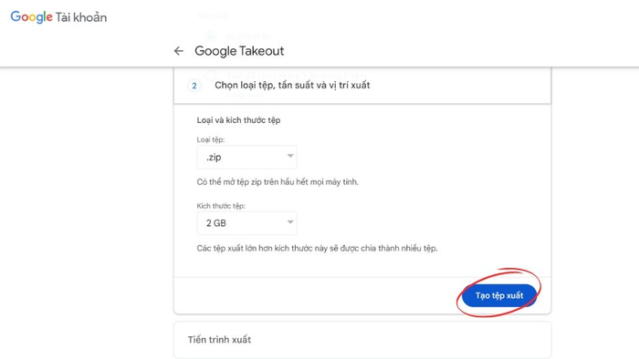 Chọn định dạng và kích thước tệp sao lưu