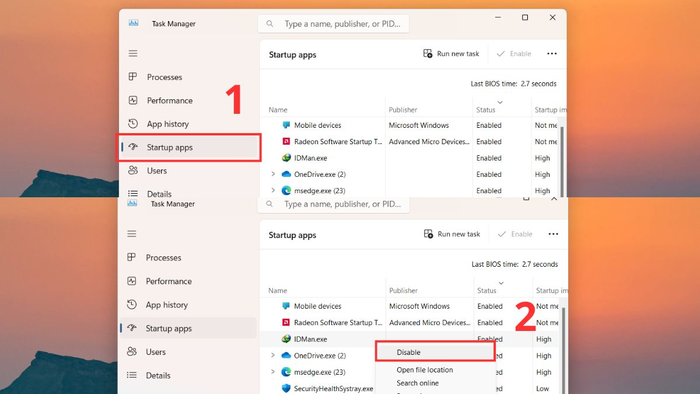 Chọn Disable các ứng dụng không cần khởi động khi mở máy