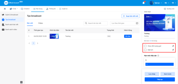 Chọn đối tượng nhận tin và lên lịch đặt gửi