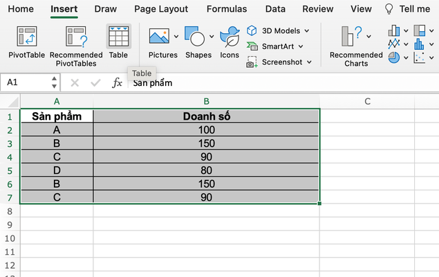 Chọn dữ liệu để chuyển thành bảng