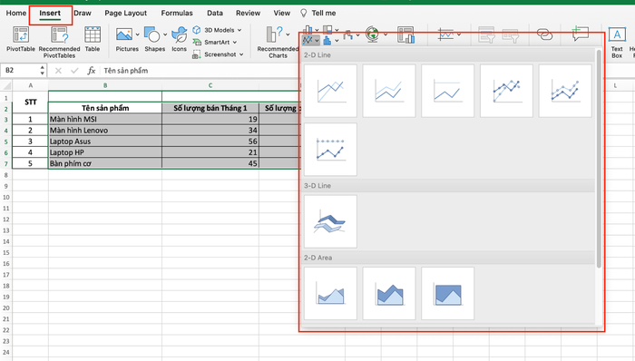 Chọn Insert → Chọn biểu đồ đường