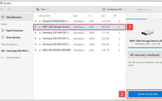 Chọn ổ đĩa và chọn đến Search for lost data