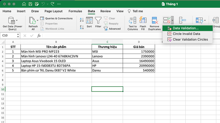 Chọn ô tạo Drop List → Data Validation