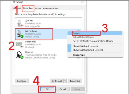 Chọn OK để hoàn tất bật tắt micro laptop