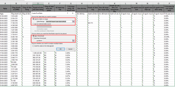 Chọn phạm vi dữ liệu và vị trí đặt Pivot Table