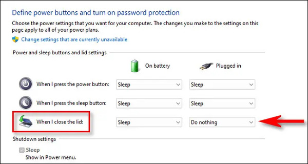 Chọn "Sleep" (Chế độ ngủ) hoặc "Do nothing" (Không làm gì)