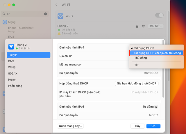 Chọn Sử dụng DHCP với địa chỉ thủ công