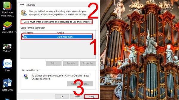 Chọn tài khoản tắt mật khẩu → Bỏ tick → Apply
