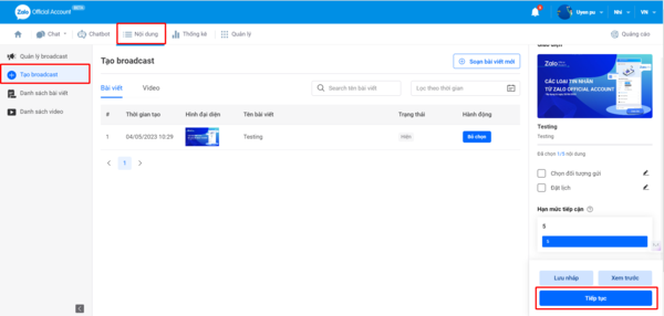 Chọn tạo Broadcast