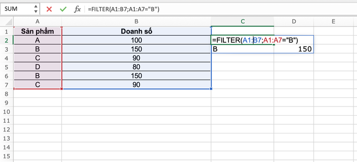 Công thức hàm học để lọc dữ liệu