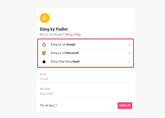 Đăng ký tài khoản Padlet qua Google, Microsoft hoặc Apple để bắt đầu