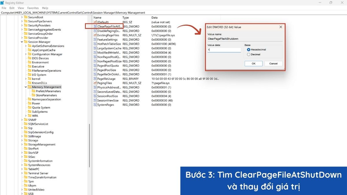 Điều chỉnh giá trị ClearPageFileAtShutDown và khởi động lại máy