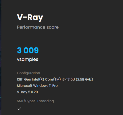 Hiệu suất V-Ray đạt 3009 điểm với Intel Core i3 1315U