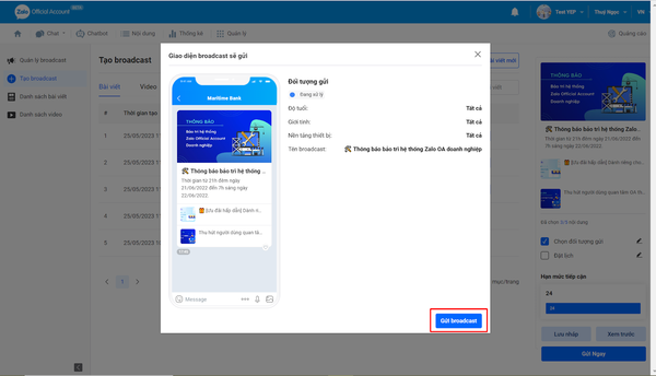 Hoàn tất gửi Broadcast