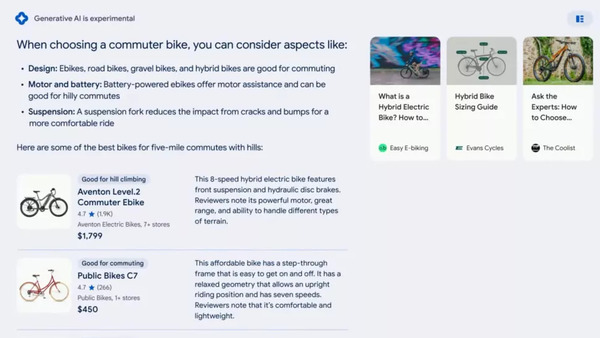 Kết quả trả về khi tìm kiếm xe đạp bao gồm giá bán, các đánh giá và nhà cung cấp
