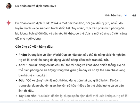 Nhận định từ Gemini Google về dự đoán đội bóng vô địch Euro