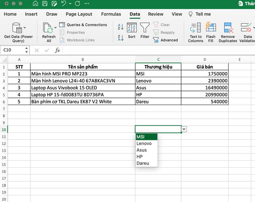 Nhấn OK để hoàn tất cách tạo Drop List trong Excel