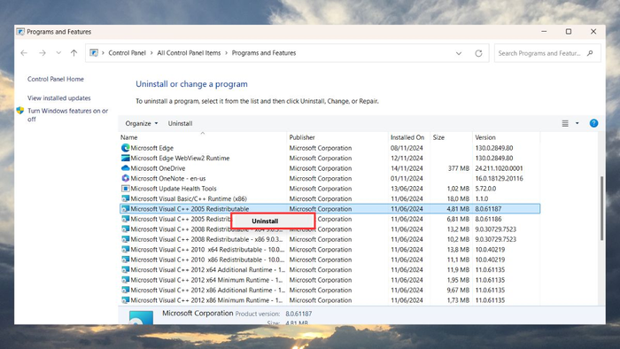 Nhấn Uninstall tại mục Microsoft Visual C++ Redistributable