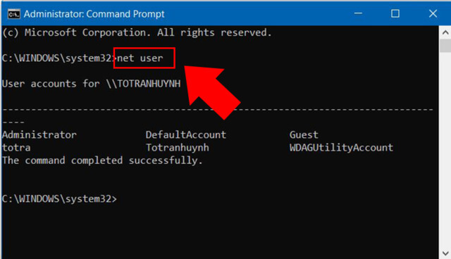 Nhập net user →  Enter