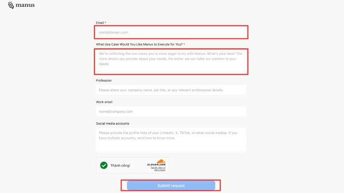 Nhập thông tin cần thiết rồi chọn “Submit request” để gửi yêu cầu đăng ký