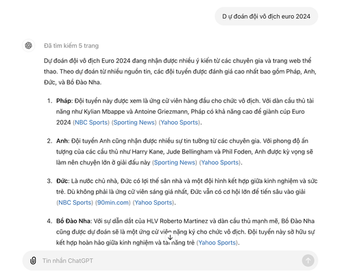 Những dự đoán từ ChatGPT về đội vô địch Euro 2024