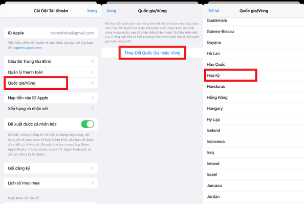 Thay đổi quốc gia hoặc vùng