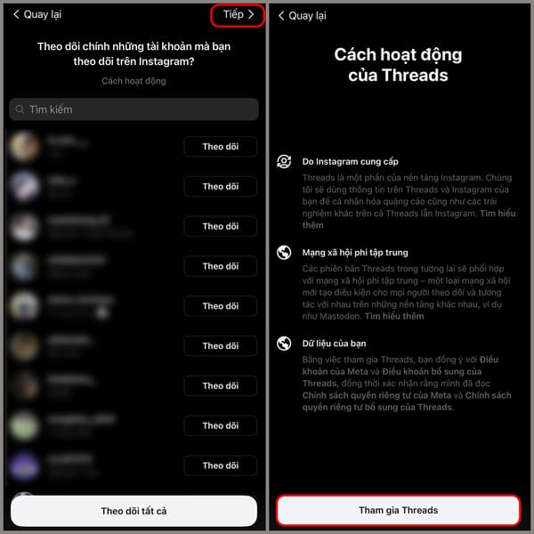 Theo dõi bạn bè và tiến hành tham gia Threads