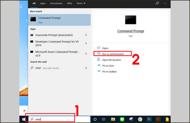 Tìm kiếm CMD → Chọn Run as administrator