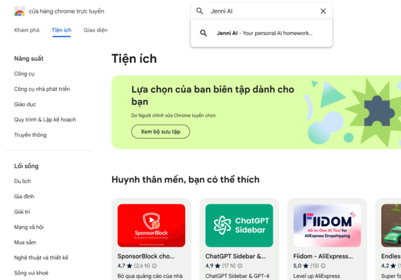 Tìm kiếm Jenni AI trên thanh công cụ
