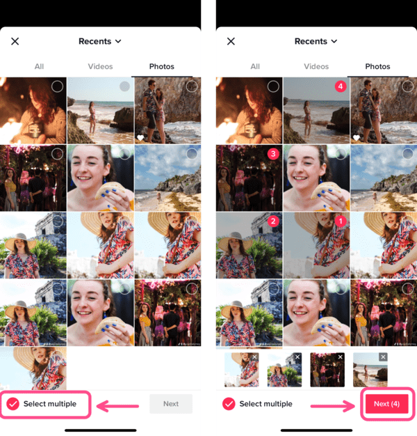 Chọn nhiều → Chọn hình ảnh muốn đăng → Tiếp tục