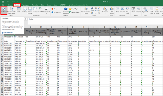 Vào Insert → Chọn Pivot Table