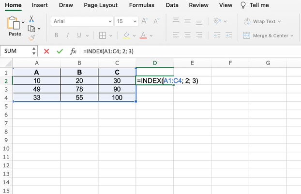 Ví dụ về hàm INDEX đơn giản
