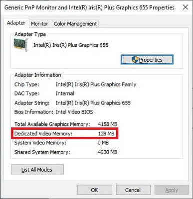 Xem dung lượng VRAM tại mục Dedicated Video Memory