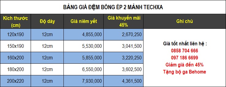 Bảng giá đệm bông ép Tech Xa 2 mảnh