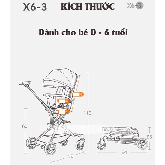 Xe đẩy gấp gọn Vovo Playkids X6-3 (2 chiều 3 tư thế)