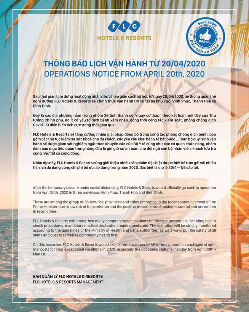 FLC thông báo mở cửa trở lại đón khách sau mùa dịch Covid - 19 FLC thông báo mở cửa trở lại đón khách sau mùa dịch Covid - 19