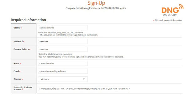 Tạo thông tin tải khoản đăng kí DDNS Wisenet