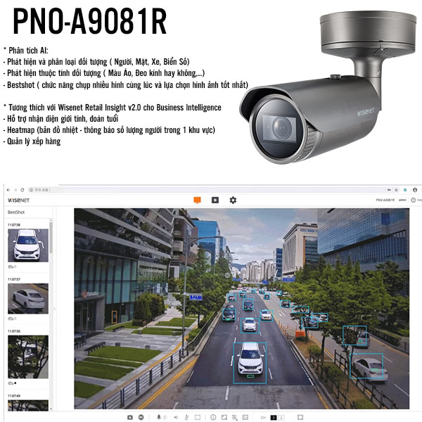 camera nhận diện biển số xe chất lượng cao Wisenet PNO-A9081R. 